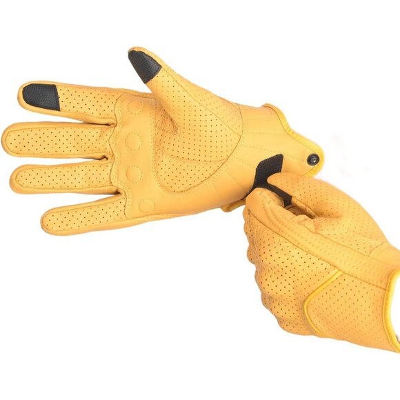Men's Yellow Moto Racing Perforated Motorbike Dirt Bike Leather Gloves - Picture 6 of 8